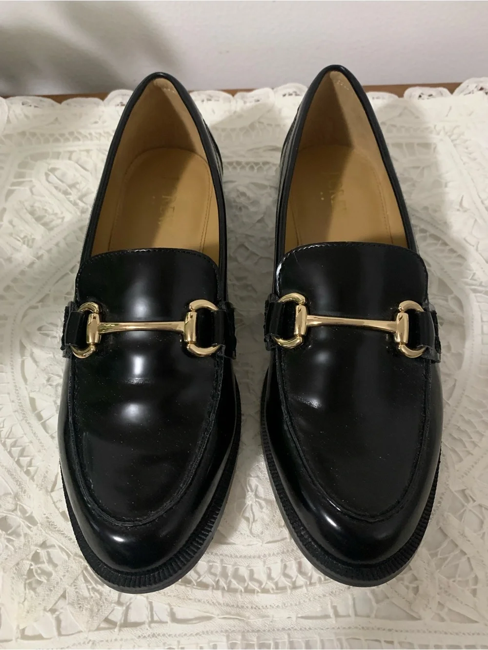 J. Crew Factory Women's Glossy Black Loafers with Gold Horsebit Accent Size 7